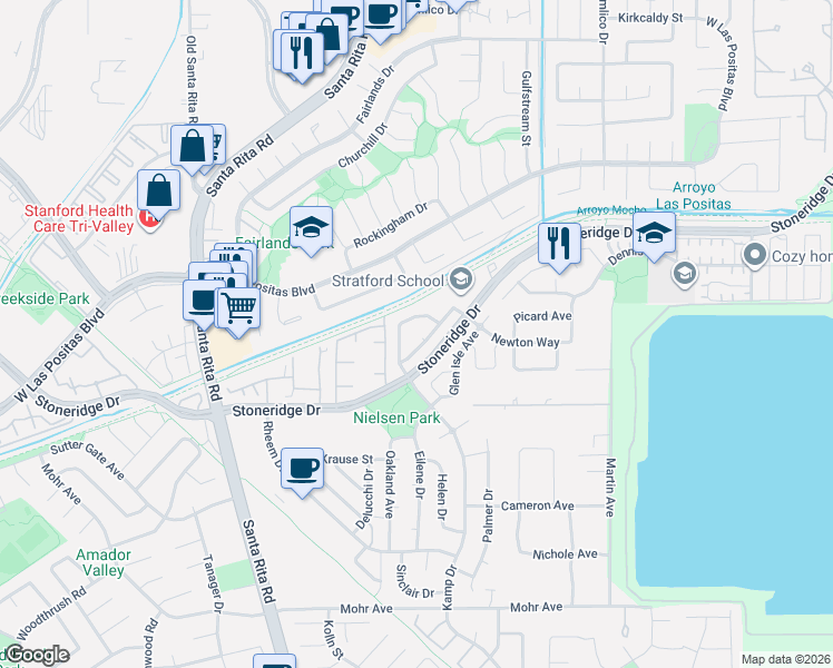 map of restaurants, bars, coffee shops, grocery stores, and more near 2887 Garden Creek Circle in Pleasanton