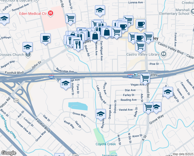 map of restaurants, bars, coffee shops, grocery stores, and more near 21319 Rizzo Avenue in Castro Valley