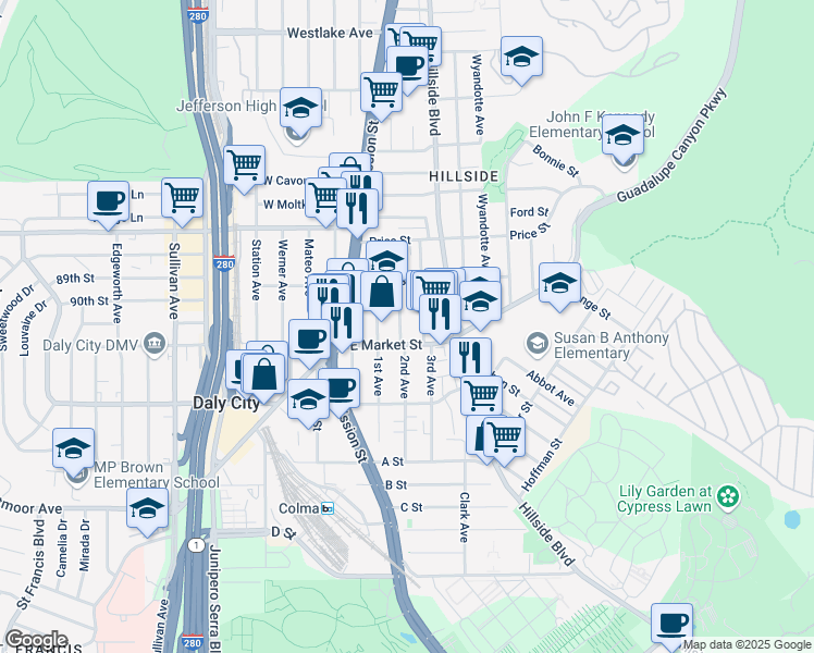 map of restaurants, bars, coffee shops, grocery stores, and more near 165 2nd Avenue in Daly City