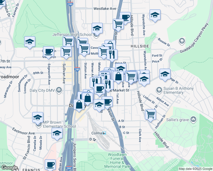 map of restaurants, bars, coffee shops, grocery stores, and more near in Daly City
