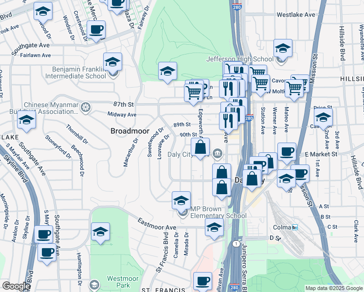 map of restaurants, bars, coffee shops, grocery stores, and more near 832 Washington Street in Daly City