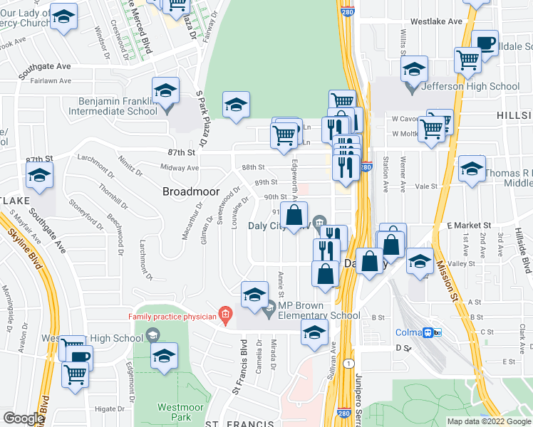 map of restaurants, bars, coffee shops, grocery stores, and more near 832 Washington Street in Daly City