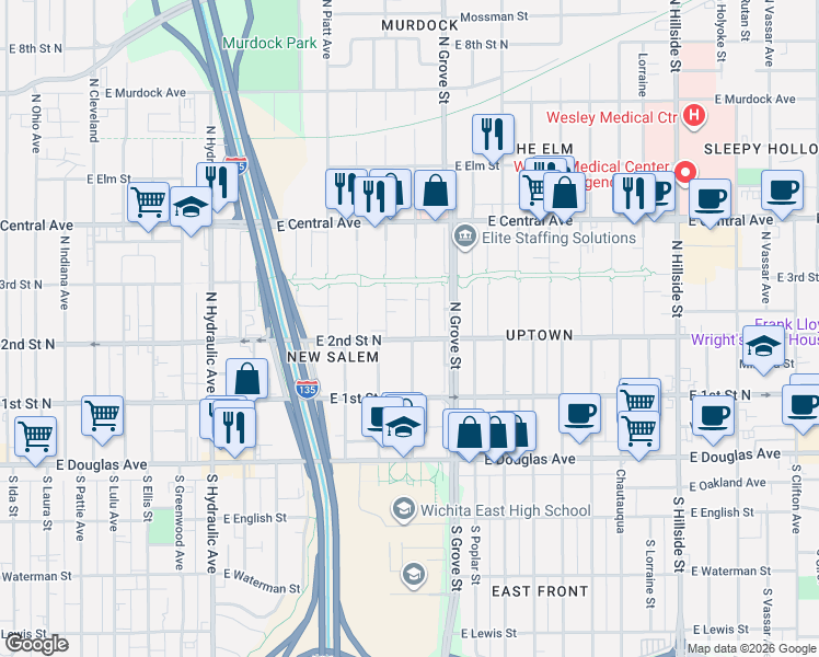 map of restaurants, bars, coffee shops, grocery stores, and more near in Wichita