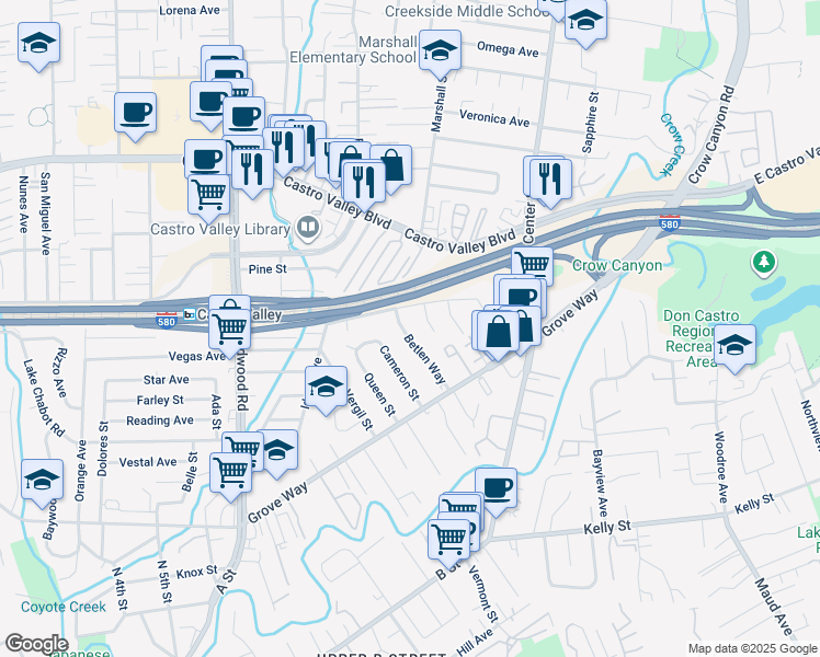 map of restaurants, bars, coffee shops, grocery stores, and more near 22012 Betlen Way in Castro Valley
