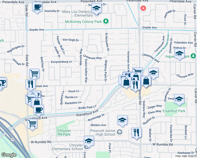 map of restaurants, bars, coffee shops, grocery stores, and more near 2328 Bromwich Court in Modesto