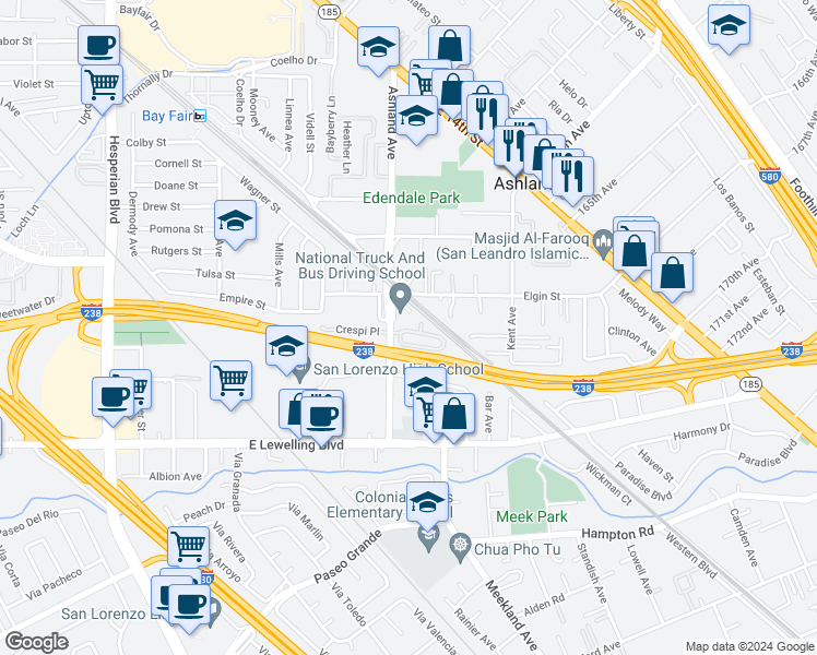 map of restaurants, bars, coffee shops, grocery stores, and more near 556 Heritage Circle in San Lorenzo
