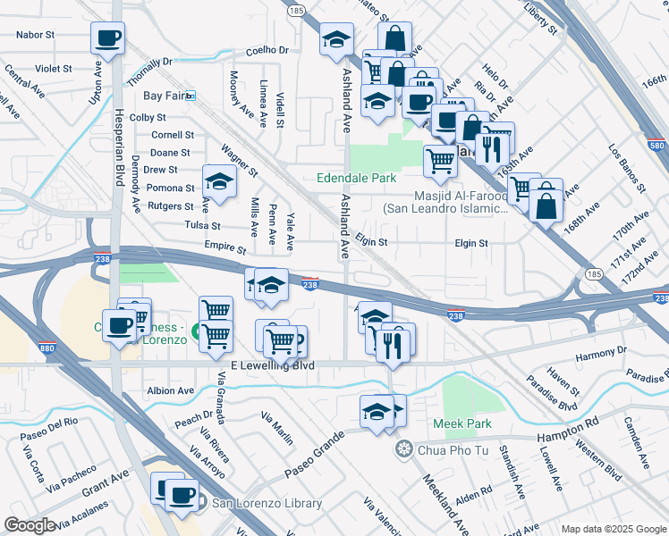 map of restaurants, bars, coffee shops, grocery stores, and more near 540 Crespi Place in San Lorenzo