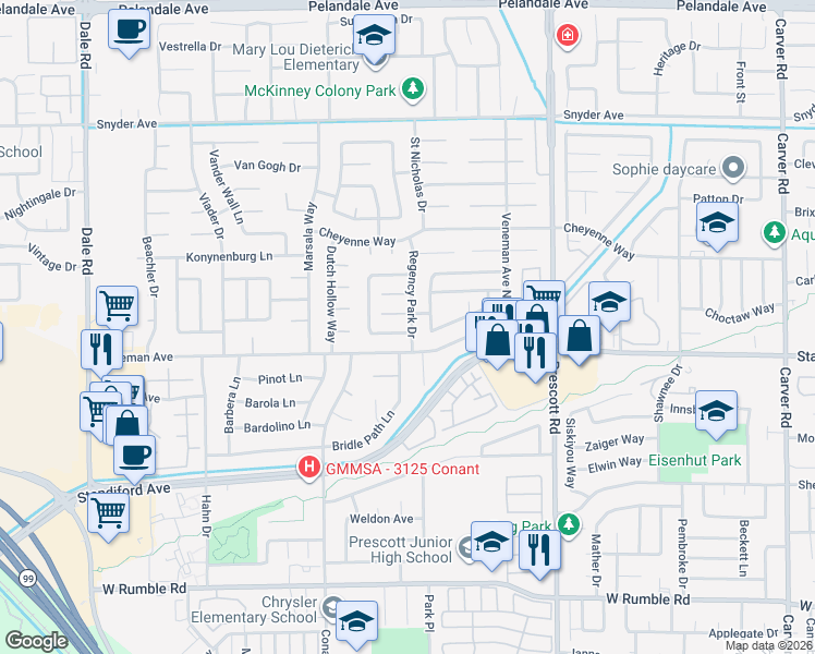 map of restaurants, bars, coffee shops, grocery stores, and more near 3521 Regency Park Drive in Modesto