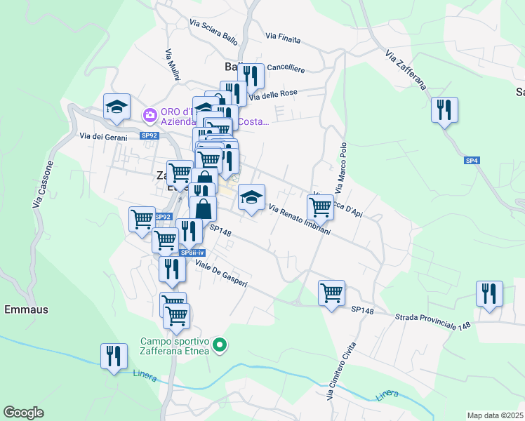 map of restaurants, bars, coffee shops, grocery stores, and more near 82 Via Renato Imbriani in Zafferana Etnea