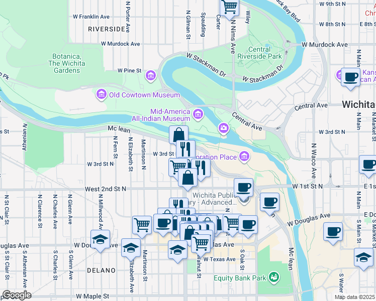map of restaurants, bars, coffee shops, grocery stores, and more near 393 North Mc Lean Boulevard in Wichita