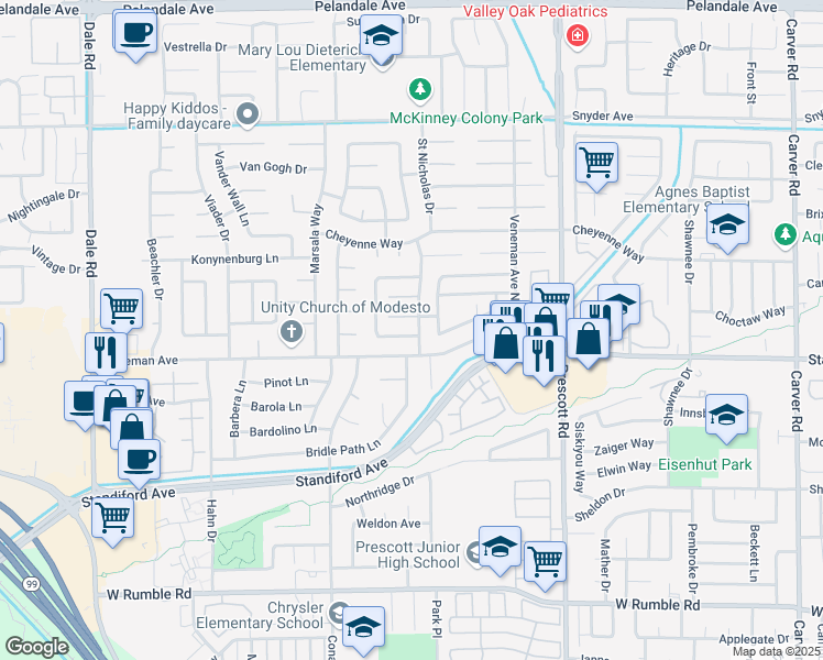 map of restaurants, bars, coffee shops, grocery stores, and more near 2317 Saint Lawrence Lane in Modesto