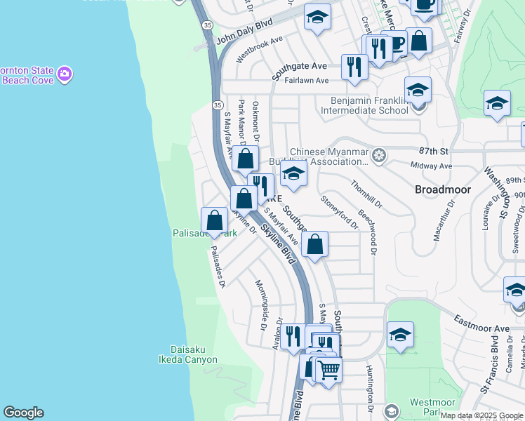 map of restaurants, bars, coffee shops, grocery stores, and more near 1212 South Mayfair Avenue in Daly City