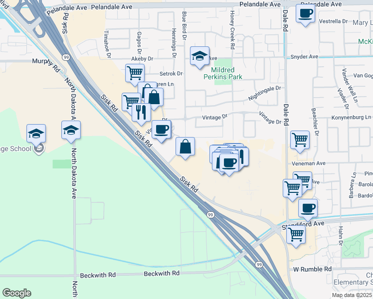 map of restaurants, bars, coffee shops, grocery stores, and more near 3400 Sullivan Court in Modesto