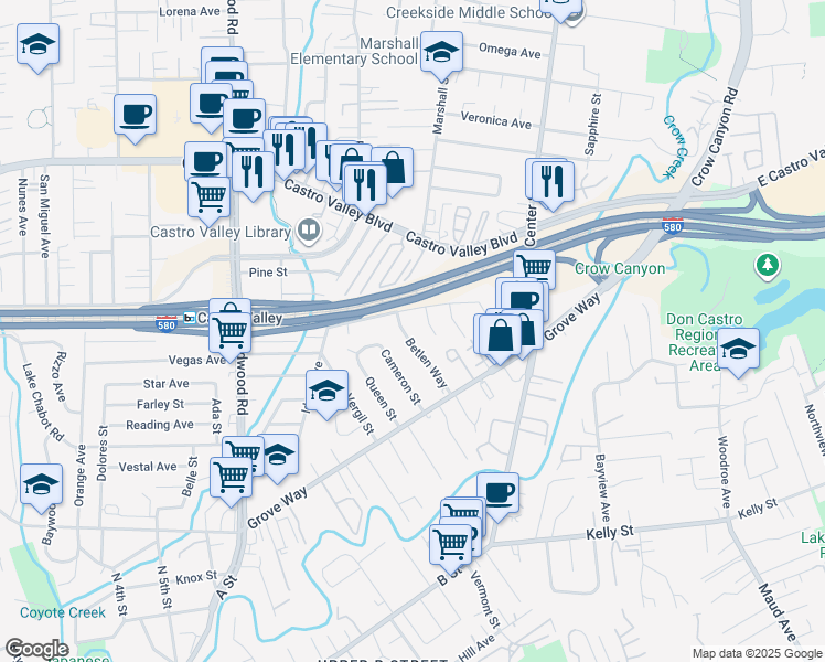 map of restaurants, bars, coffee shops, grocery stores, and more near 22012 Betlen Way in Castro Valley