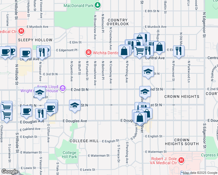 map of restaurants, bars, coffee shops, grocery stores, and more near 301 North Crestway Street in Wichita