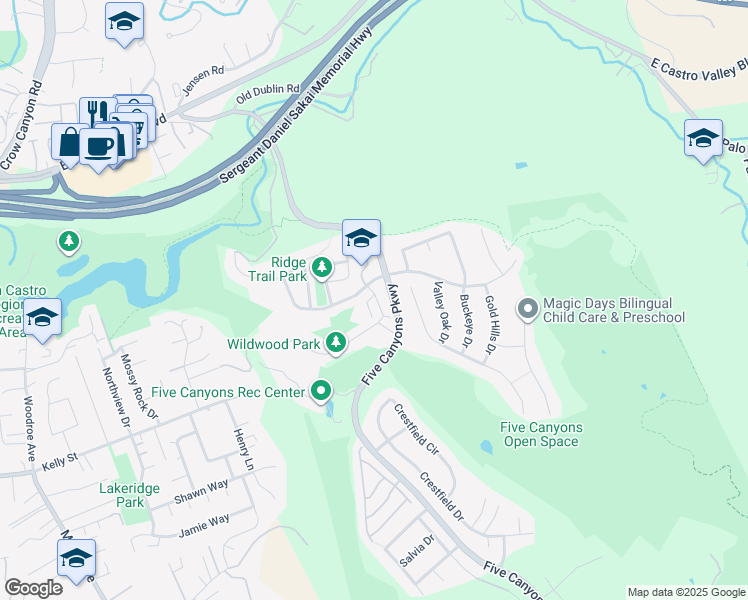 map of restaurants, bars, coffee shops, grocery stores, and more near 23300 Canyon Terrace Drive in Castro Valley