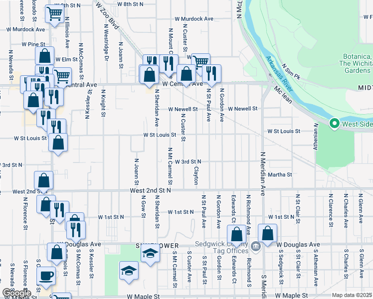 map of restaurants, bars, coffee shops, grocery stores, and more near 425 North Custer Street in Wichita