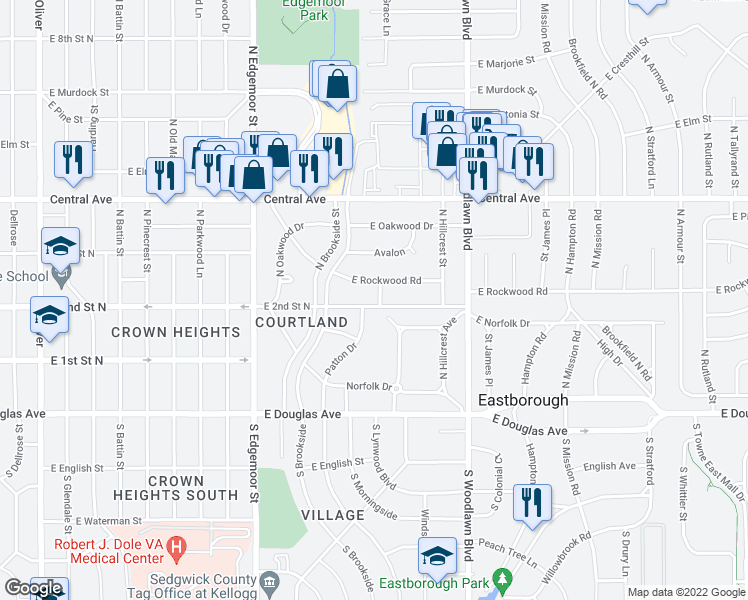 map of restaurants, bars, coffee shops, grocery stores, and more near 5922 East 2nd Street North in Wichita
