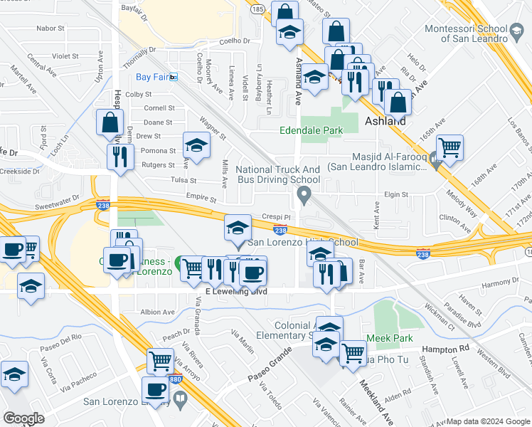 map of restaurants, bars, coffee shops, grocery stores, and more near 442 Crespi Place in San Lorenzo
