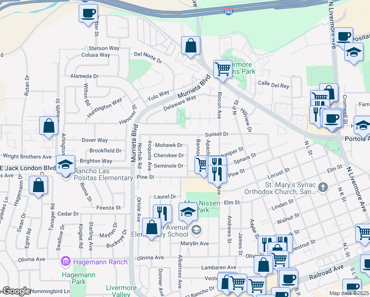 map of restaurants, bars, coffee shops, grocery stores, and more near 889 Mohawk Drive in Livermore