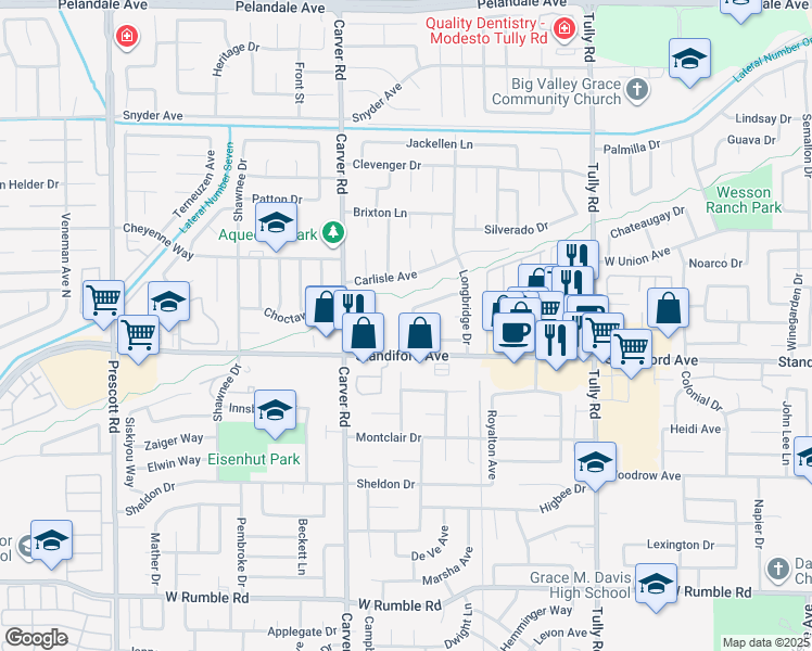 map of restaurants, bars, coffee shops, grocery stores, and more near 3513 Thistlewood Way in Modesto