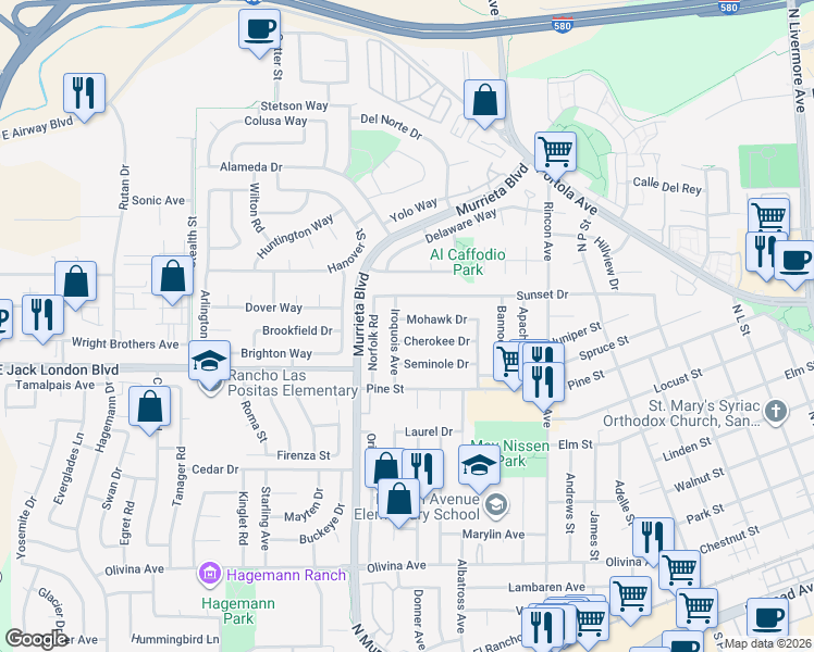 map of restaurants, bars, coffee shops, grocery stores, and more near 817 Mohawk Drive in Livermore