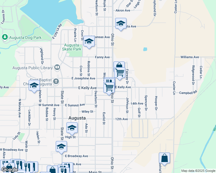 map of restaurants, bars, coffee shops, grocery stores, and more near 332 East Kelly Avenue in Augusta
