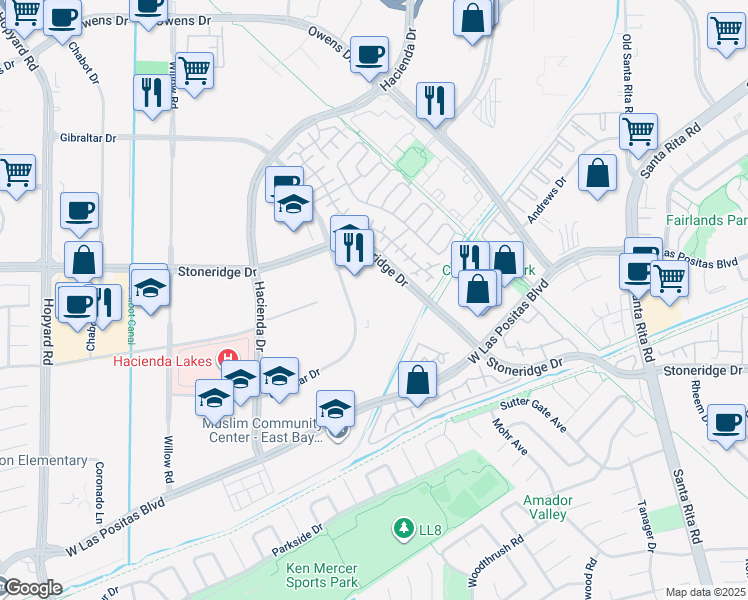 map of restaurants, bars, coffee shops, grocery stores, and more near 5675 Gibraltar Drive in Pleasanton