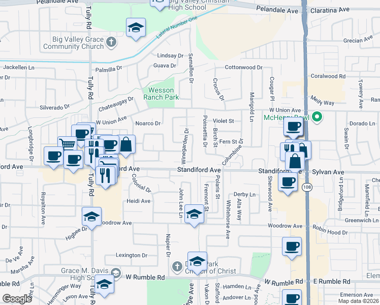 map of restaurants, bars, coffee shops, grocery stores, and more near 3528 Portabello Drive in Modesto