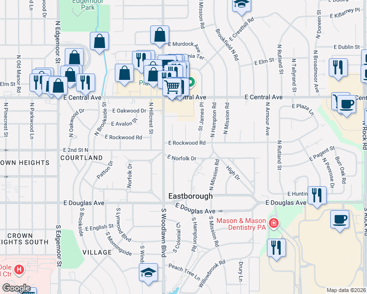 map of restaurants, bars, coffee shops, grocery stores, and more near 6601 E Rockwood Rd in Wichita