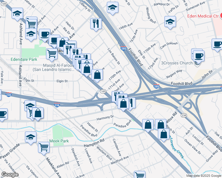 map of restaurants, bars, coffee shops, grocery stores, and more near 1470 171st Avenue in Hayward