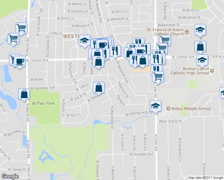 map of restaurants, bars, coffee shops, grocery stores, and more near 483 North Pamela Avenue in Wichita