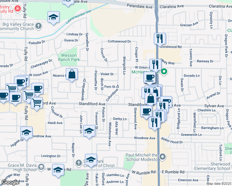 map of restaurants, bars, coffee shops, grocery stores, and more near 3613 Columbine Drive in Modesto