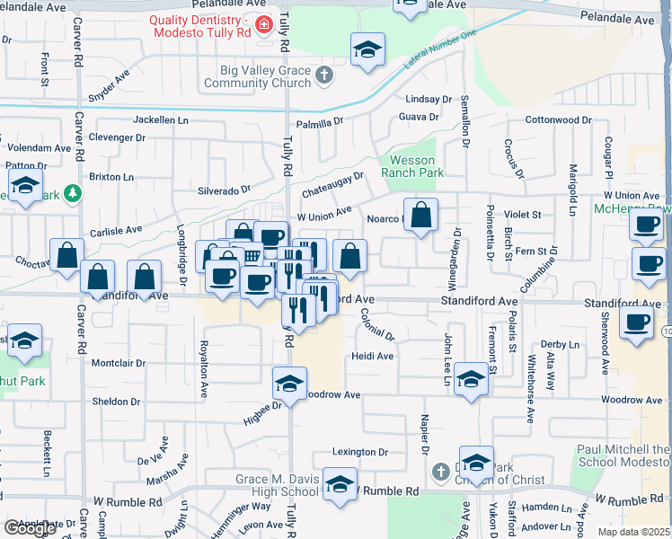 map of restaurants, bars, coffee shops, grocery stores, and more near 3700 Tully Road in Modesto