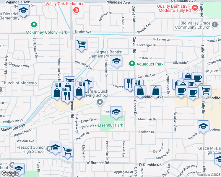 map of restaurants, bars, coffee shops, grocery stores, and more near 1809 La Corunna Place in Modesto