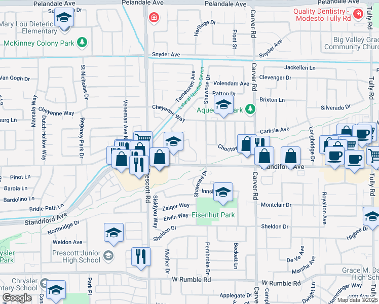 map of restaurants, bars, coffee shops, grocery stores, and more near 3500 San Clemente Avenue in Modesto