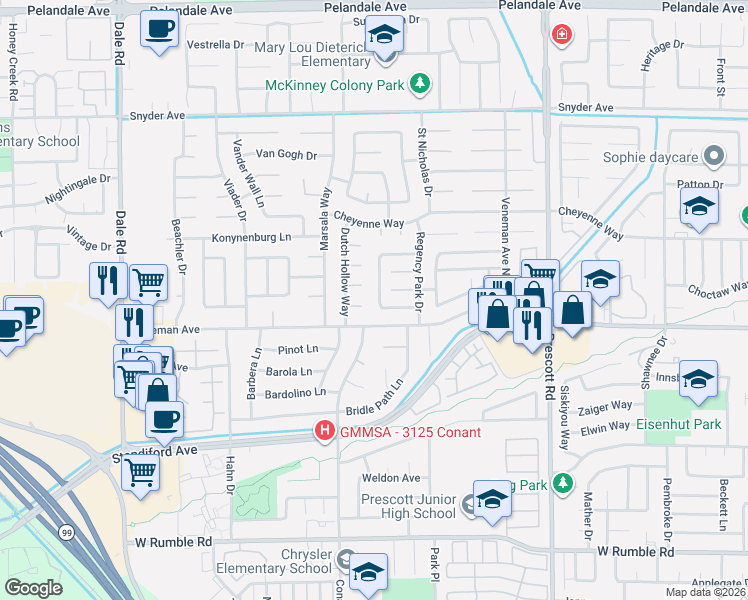 map of restaurants, bars, coffee shops, grocery stores, and more near 2405 Van Valin Place in Modesto