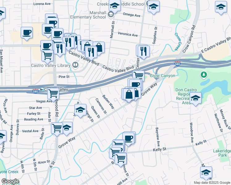 map of restaurants, bars, coffee shops, grocery stores, and more near 21907 Vernetti Way in Castro Valley