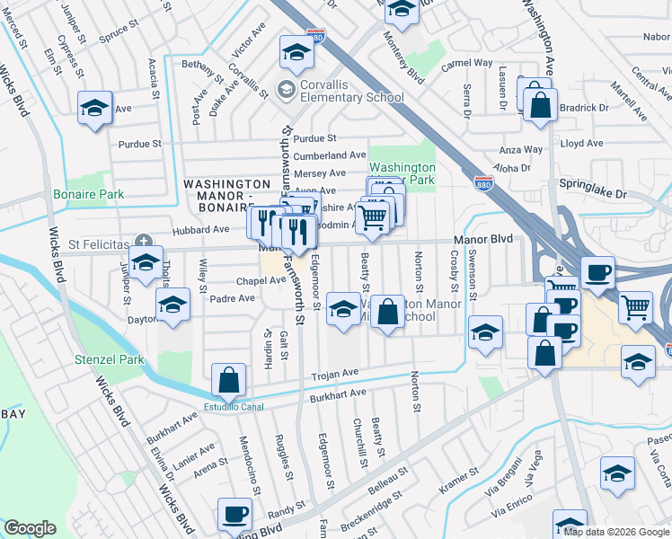 map of restaurants, bars, coffee shops, grocery stores, and more near 15032 Dewey Street in San Leandro