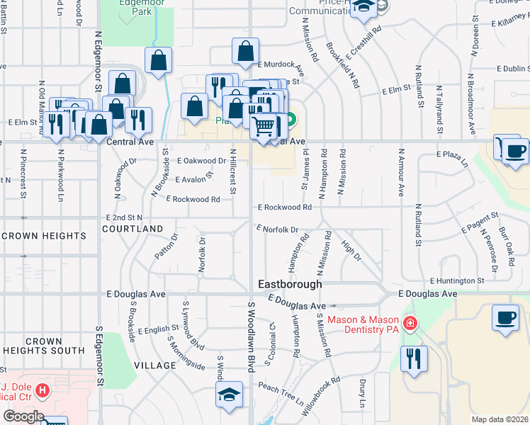 map of restaurants, bars, coffee shops, grocery stores, and more near 6407 E Rockwood Rd in Wichita