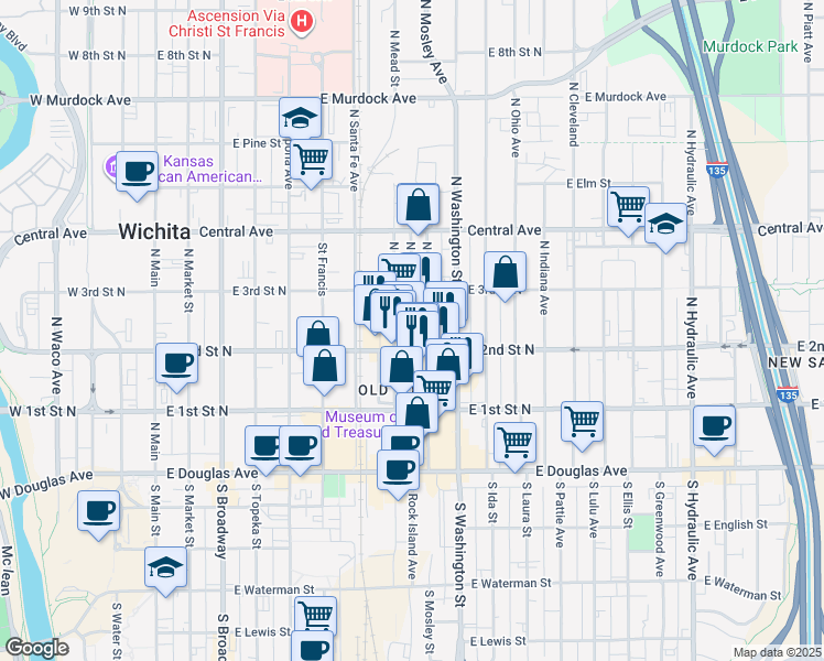 map of restaurants, bars, coffee shops, grocery stores, and more near 301 North Washington Street in Wichita
