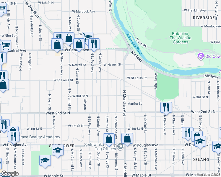 map of restaurants, bars, coffee shops, grocery stores, and more near 427 North Edwards in Wichita