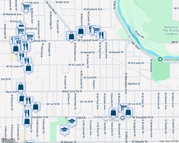 map of restaurants, bars, coffee shops, grocery stores, and more near 425 North Custer Street in Wichita