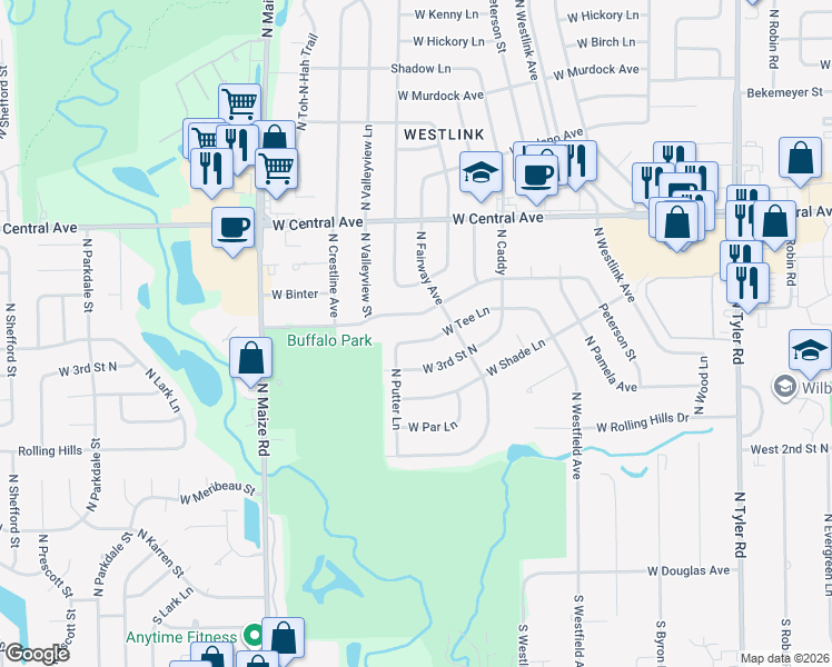 map of restaurants, bars, coffee shops, grocery stores, and more near 9832 W Tee Ln in Wichita