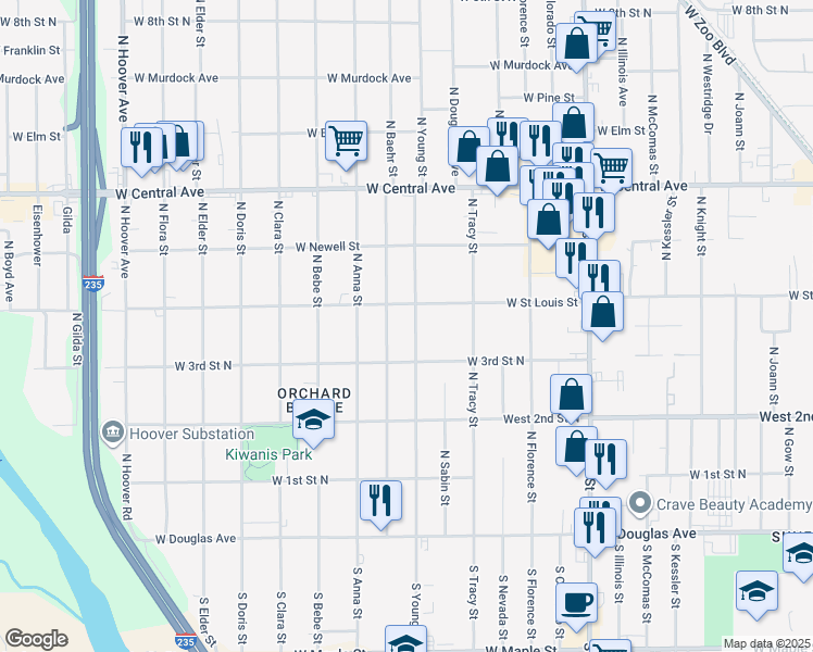 map of restaurants, bars, coffee shops, grocery stores, and more near 439 North Young Street in Wichita