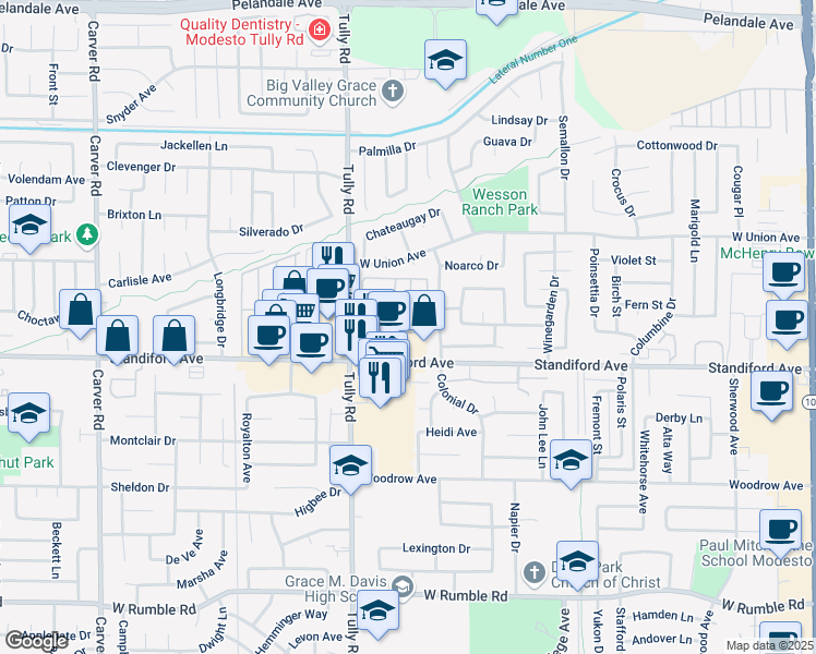 map of restaurants, bars, coffee shops, grocery stores, and more near 3700 Tully Road in Modesto