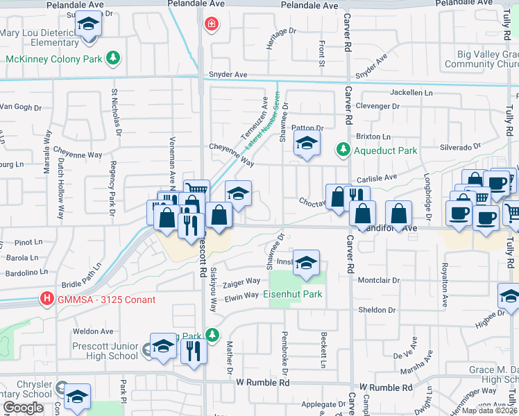 map of restaurants, bars, coffee shops, grocery stores, and more near 3500 San Clemente Avenue in Modesto