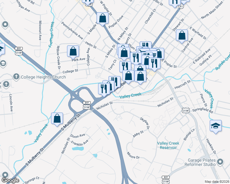 map of restaurants, bars, coffee shops, grocery stores, and more near 319 South Mulberry Street in Elizabethtown