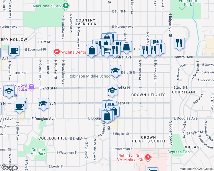 map of restaurants, bars, coffee shops, grocery stores, and more near 305 North Oliver Street in Wichita