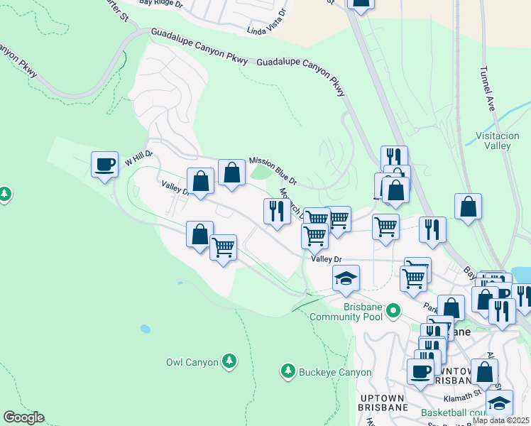 map of restaurants, bars, coffee shops, grocery stores, and more near 430 Valley Drive in Brisbane